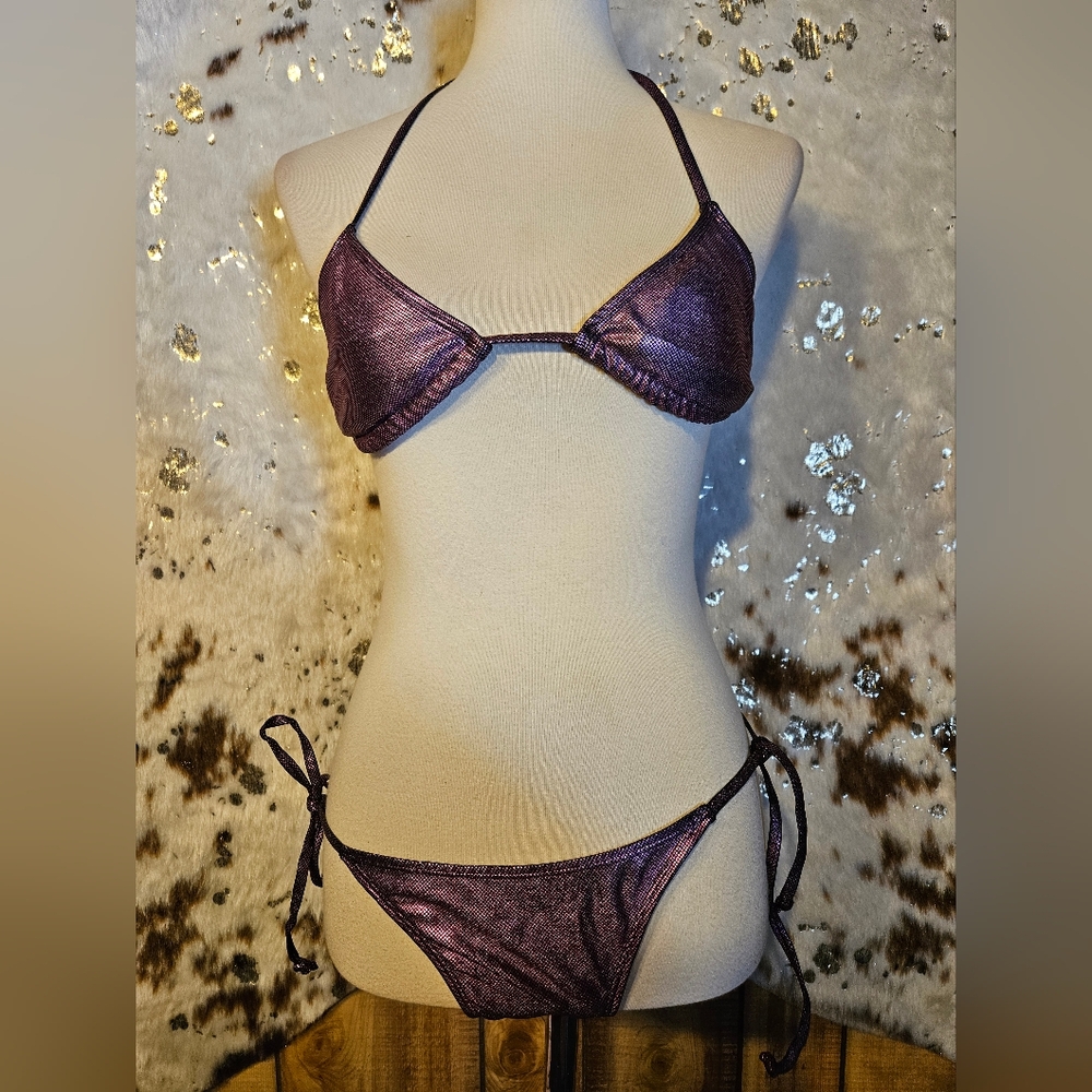 Metallic Pink/black Tie Bikini Set